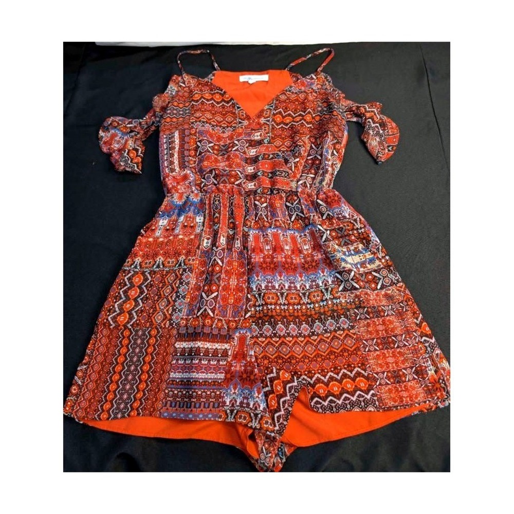 BCBGeneration ~ Romper ~ Size Small~ Orange/Multi Geometric/Cold Shoulder/V-Neck - Picture 1 of 8